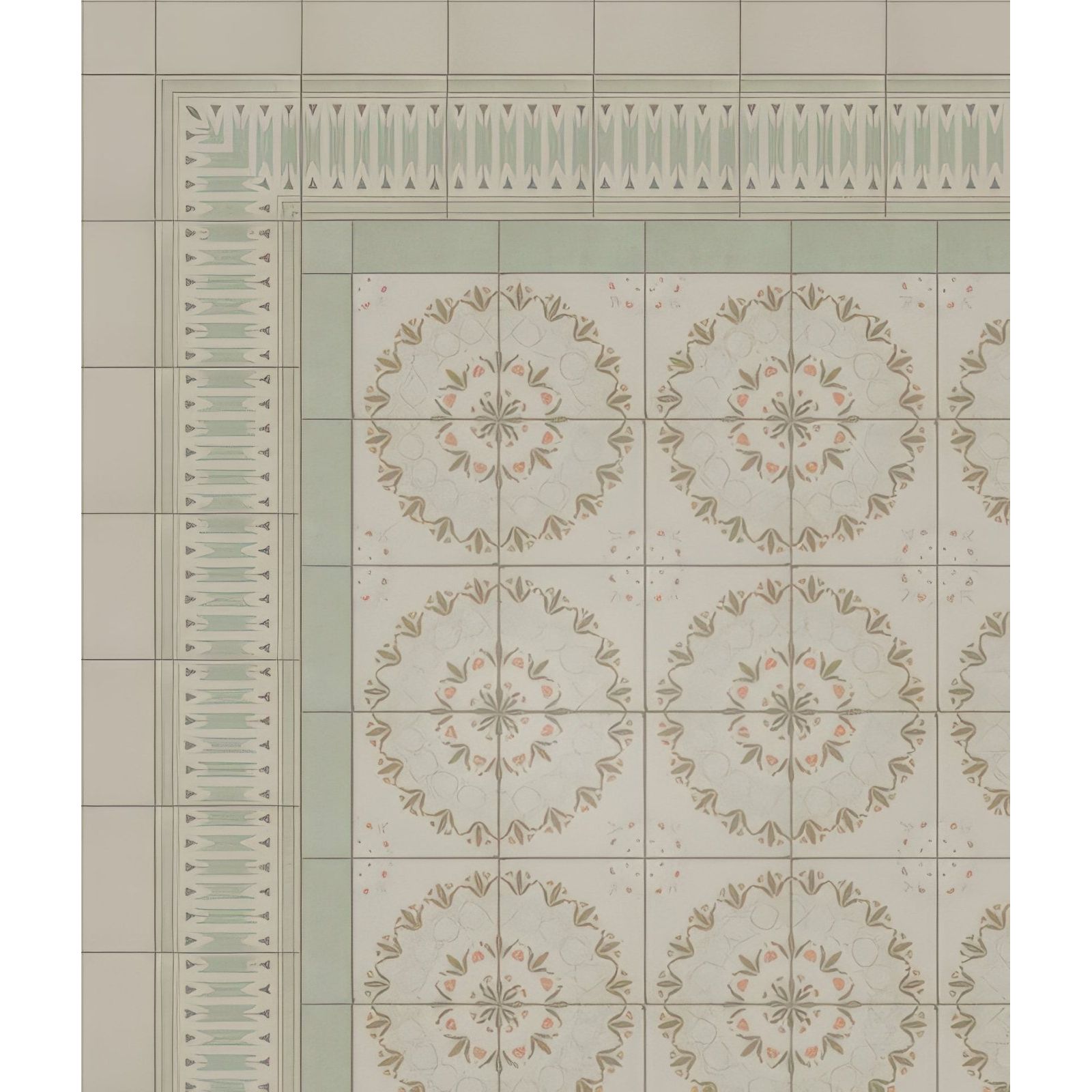 Beige and sage green patterned ceramic floor tiles with intricate floral medallions in adventuras palma olive porcelain