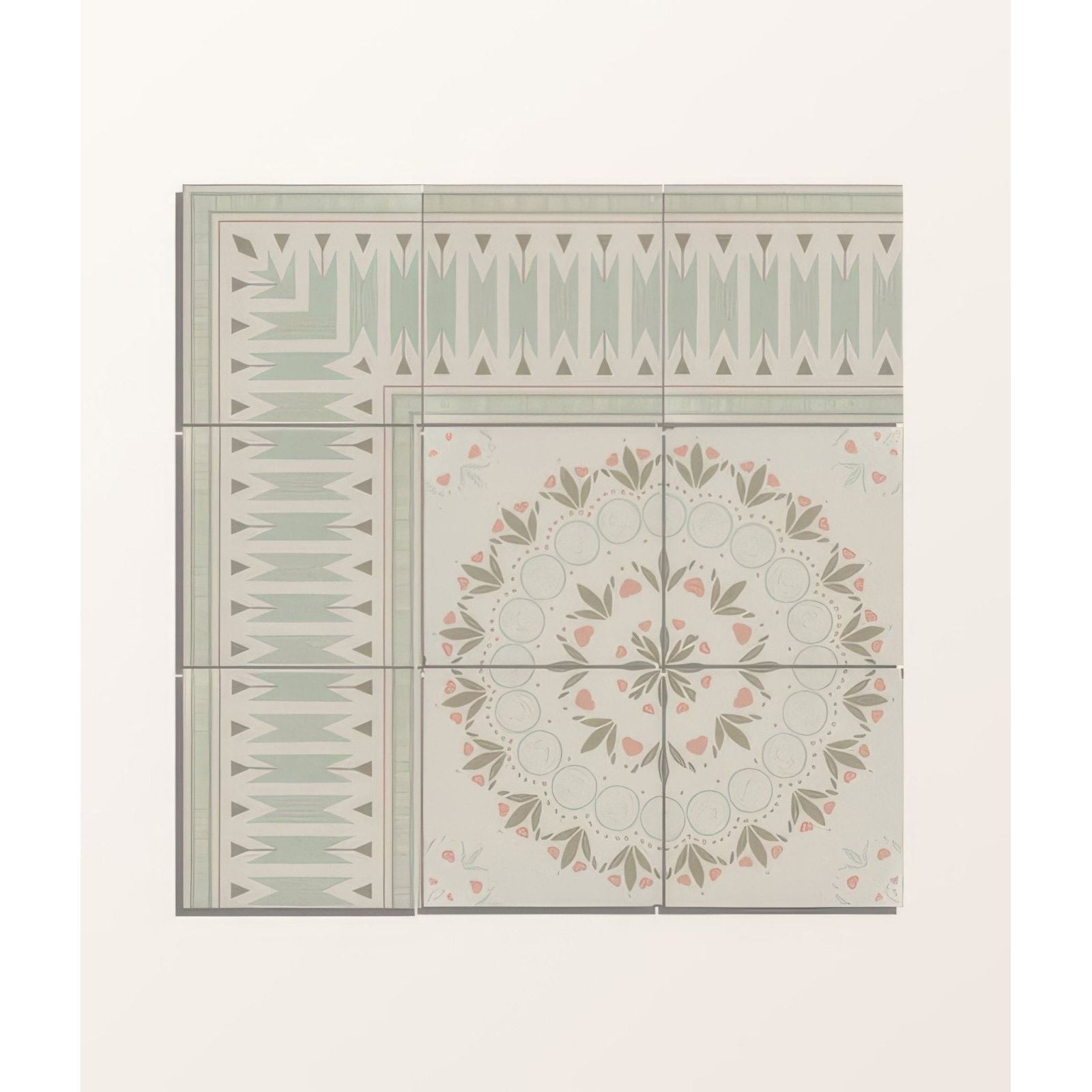 Adventuras Palma Olive porcelain square mosaic tile with pink green floral mandala and sage geometric border