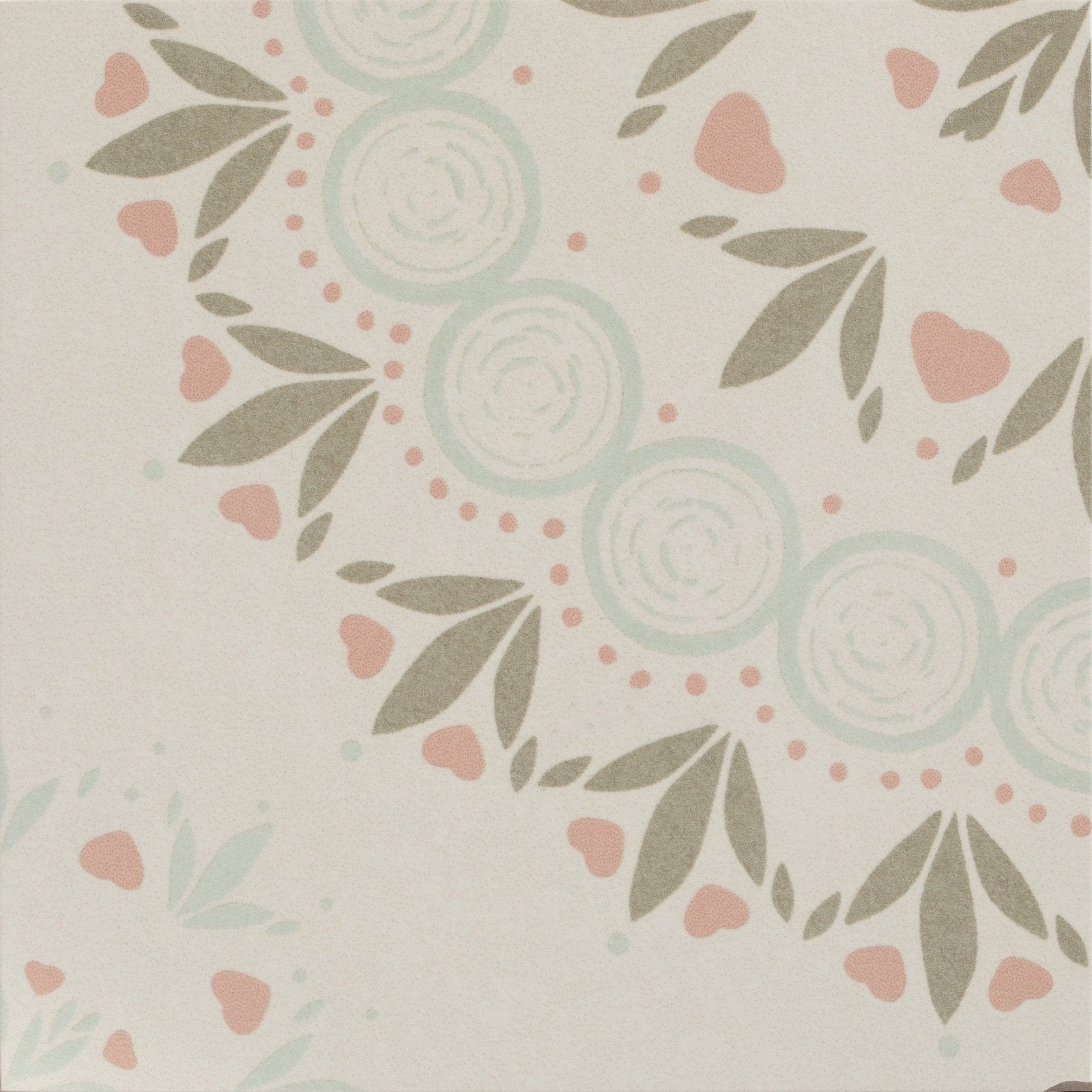 Adventuras Palma Olive Porcelain delicate floral wallpaper with pastel pink hearts sage green leaves and minty blue motifs