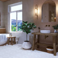 White ceramic adventuras palma terracotta porcelain planter with tall green fiddle-leaf fig tree inside