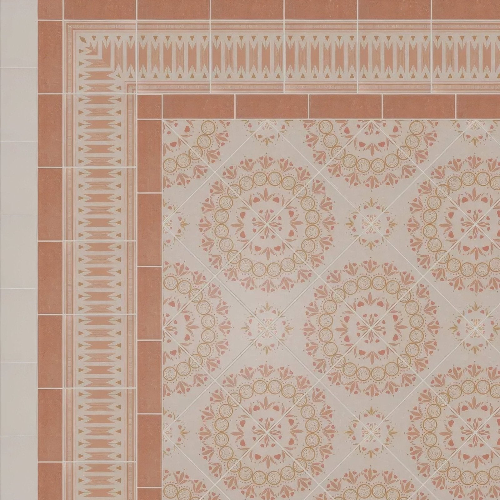 Adventuras palma terracotta porcelain ceramic floor tiles with terracotta and cream ornate geometric and floral patterns