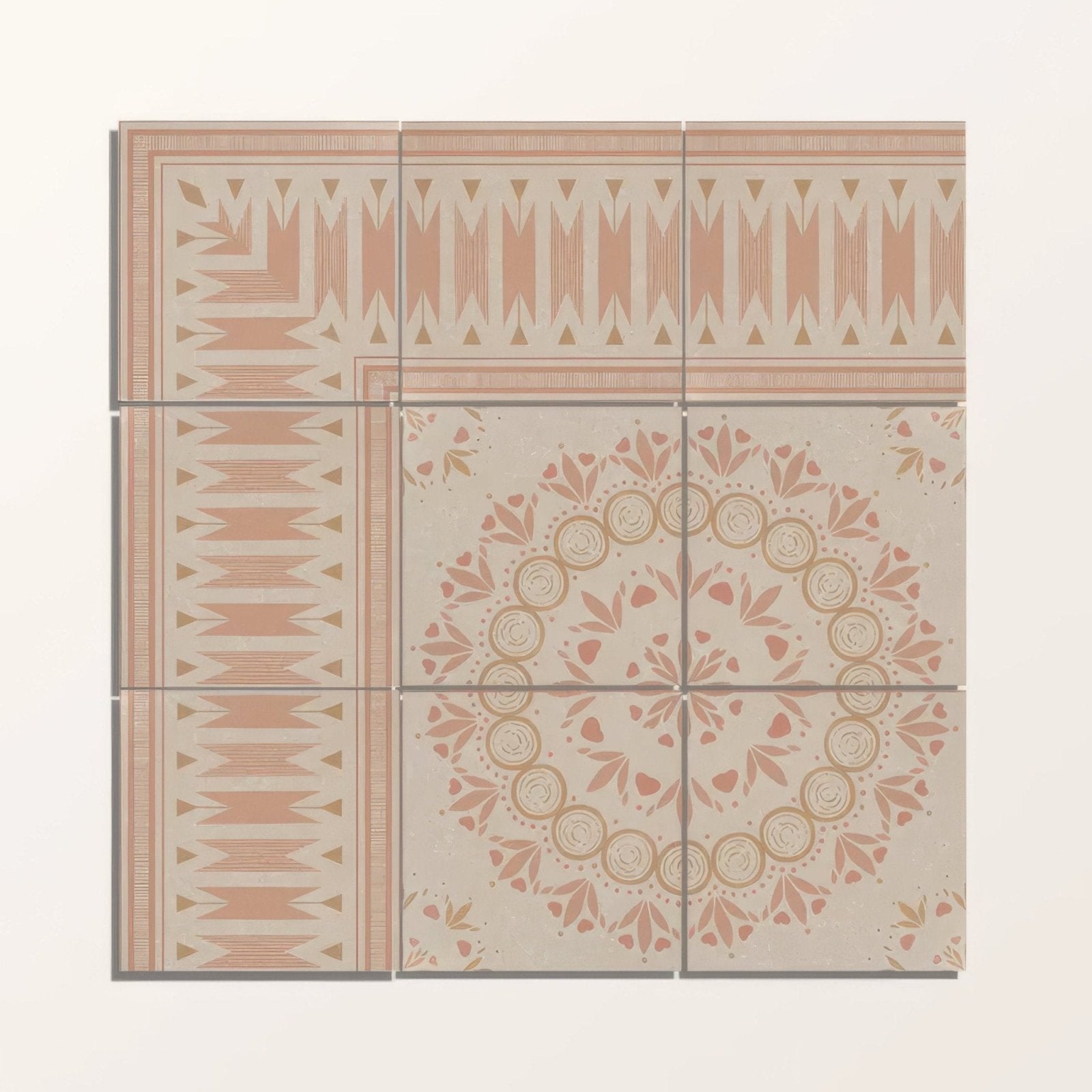Six-inch square adventuras palma terracotta porcelain tiles with beige base and intricate pink and gold patterns