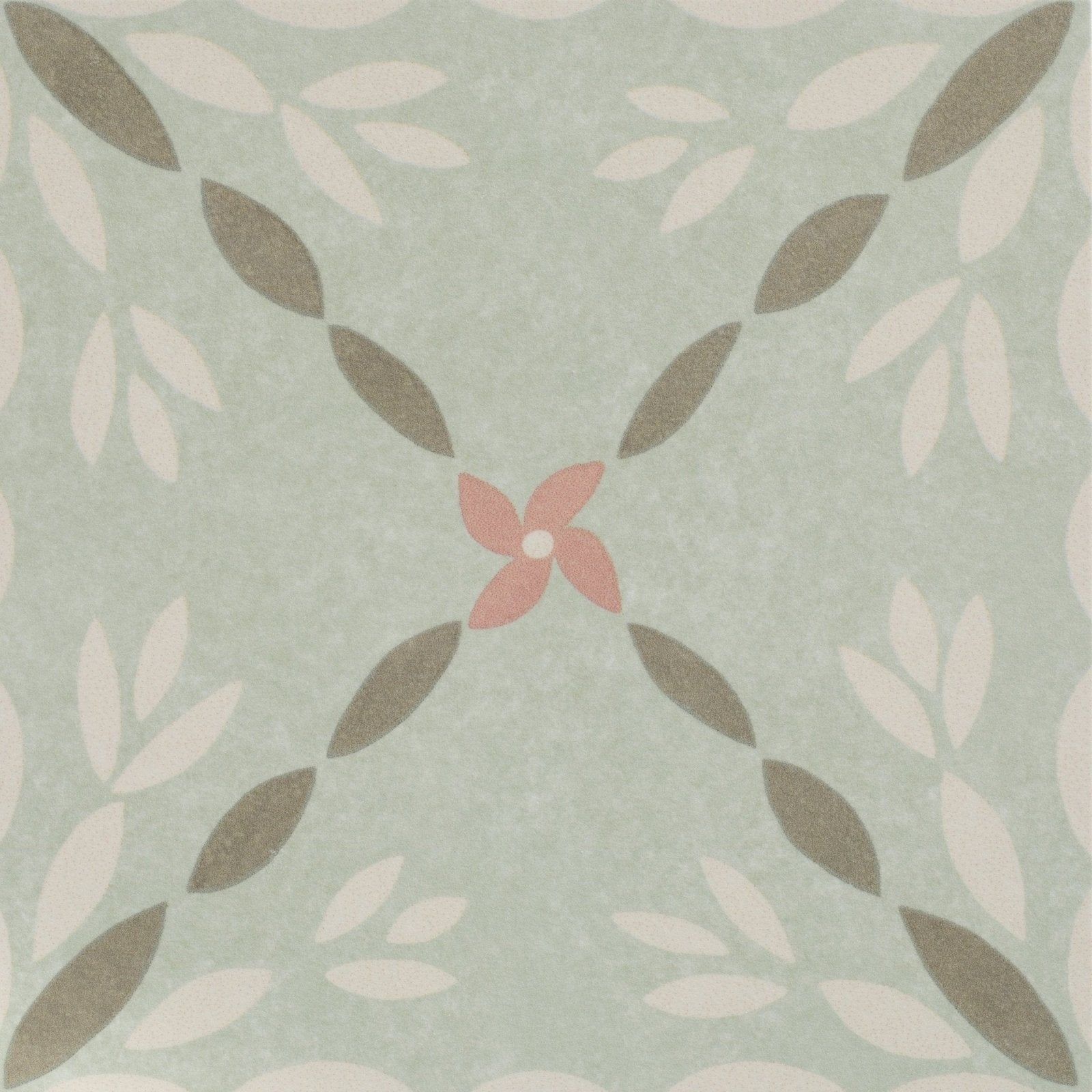 Adventuras Porto Olive porcelain tile with a mint green base featuring a central pink flower and taupe white leaves pattern