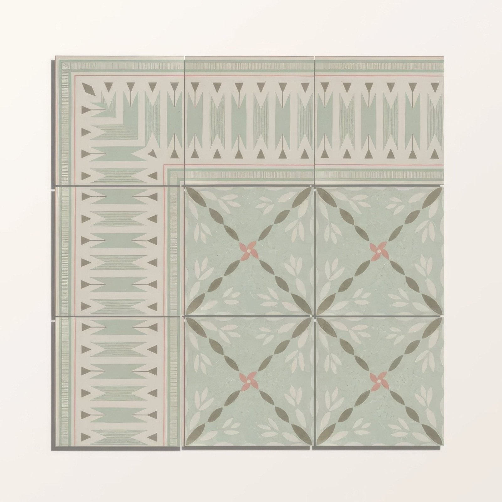 Set of four adventuras porto olive porcelain tiles in muted sage green with geometric and floral gray dusty rose patterns