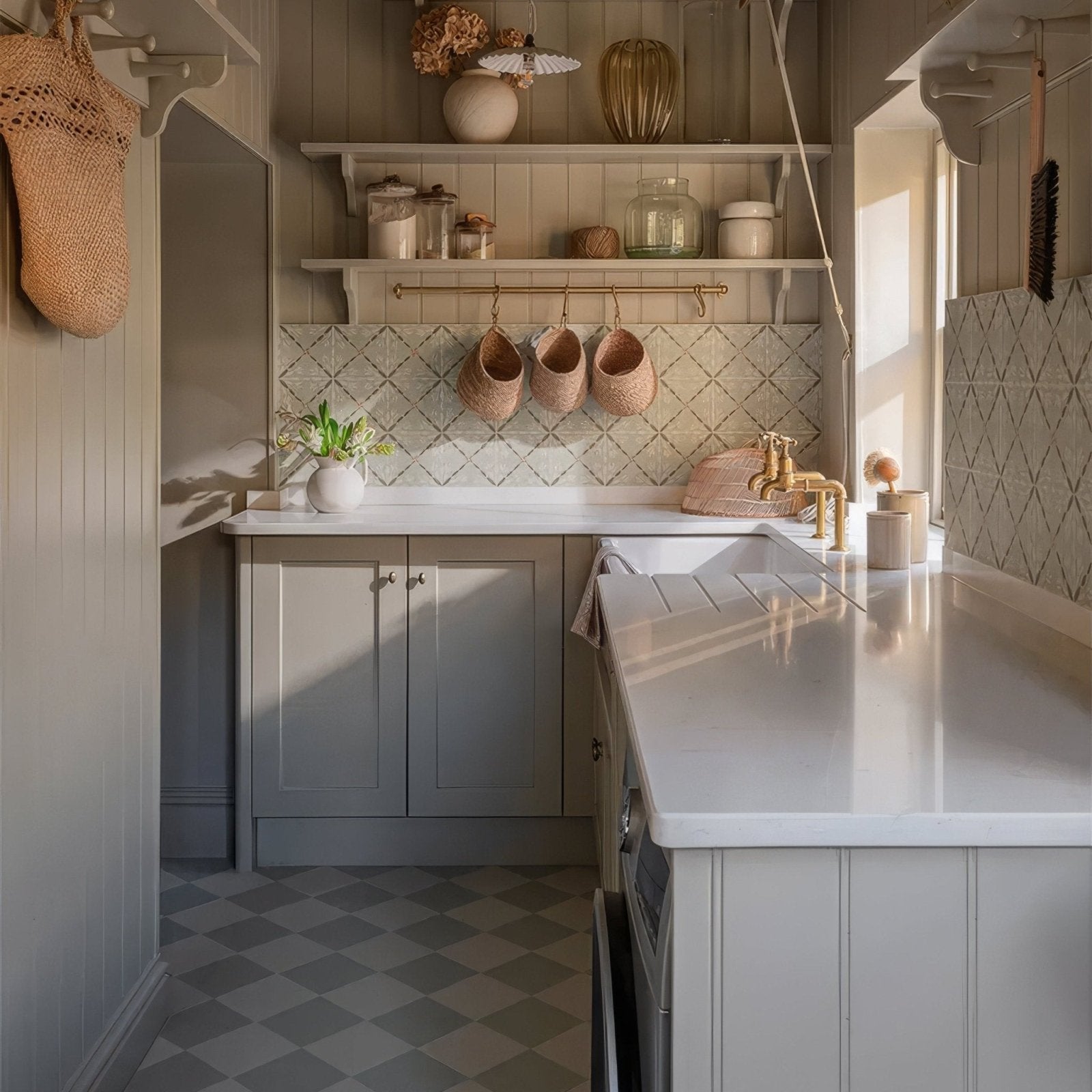 White farmhouse-style Adventuras Porto Olive porcelain sink with brass faucet and matching countertop in kitchen setting