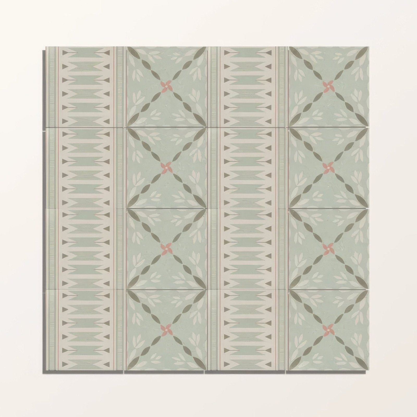 Set of nine light green adventuras porto olive porcelain floor tiles with geometric and floral gray cream pink patterns