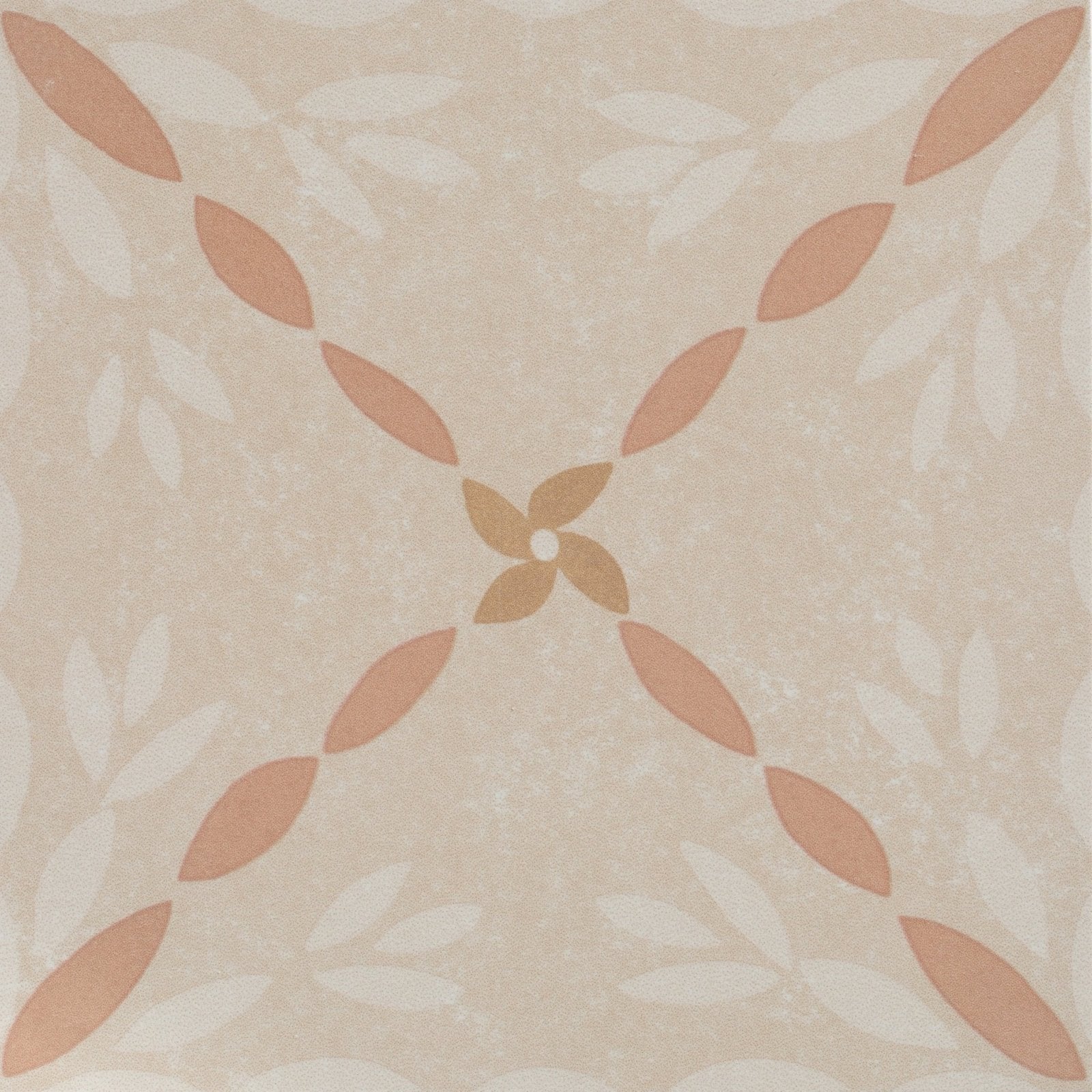 Beige ceramic tile with textured surface and peach-toned leaf pattern forming cross design in adventuras porto terracotta porcelain