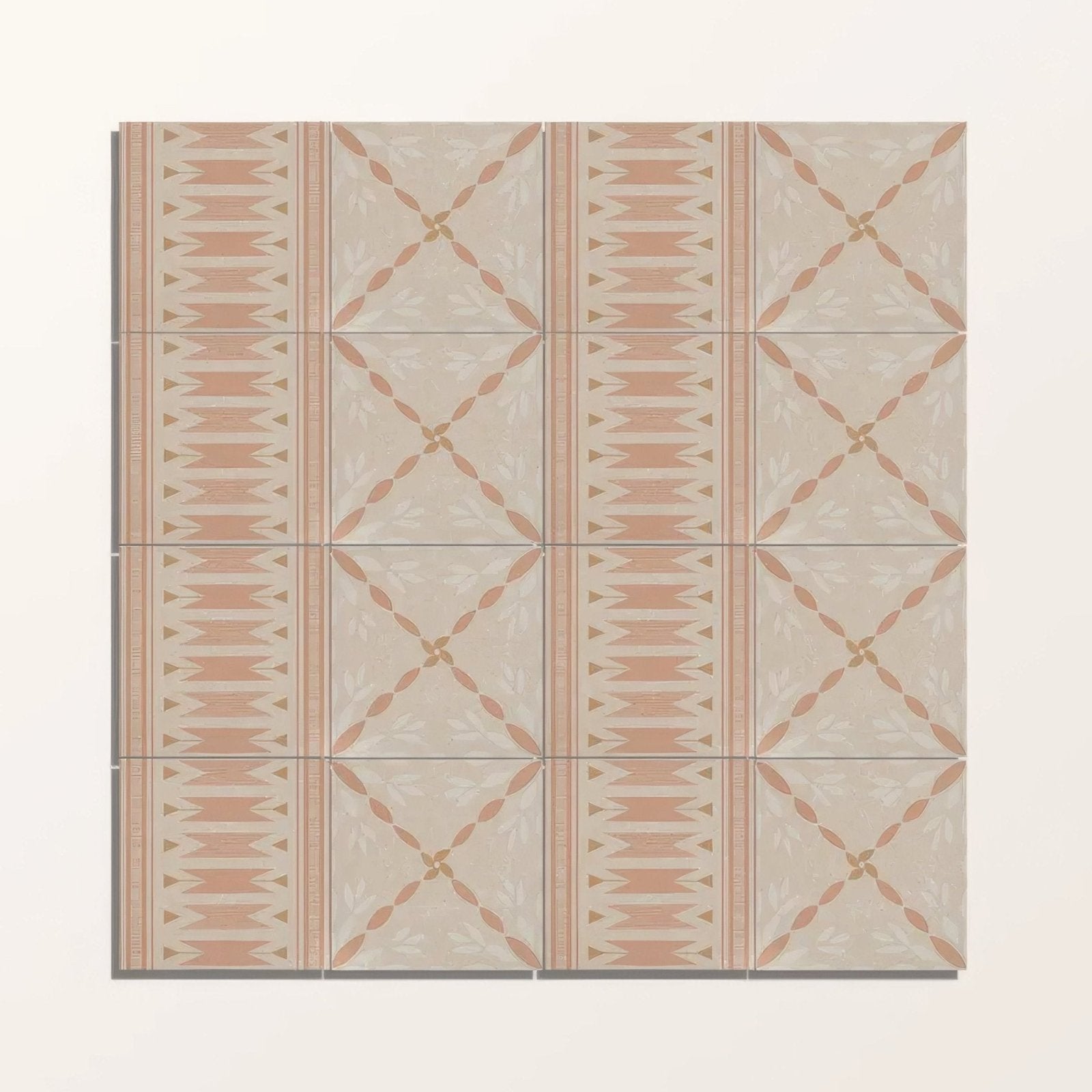 A square adventuras porto terracotta porcelain tile panel with a peach beige geometric pattern and gold accents