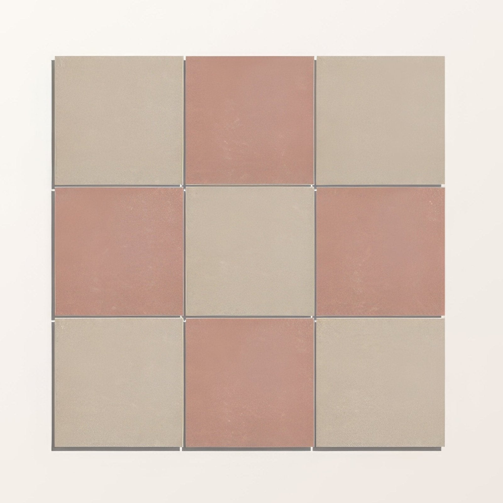 Nine square adventuras rose field porcelain tiles in muted beige and soft terracotta with a matte finish arranged in a grid