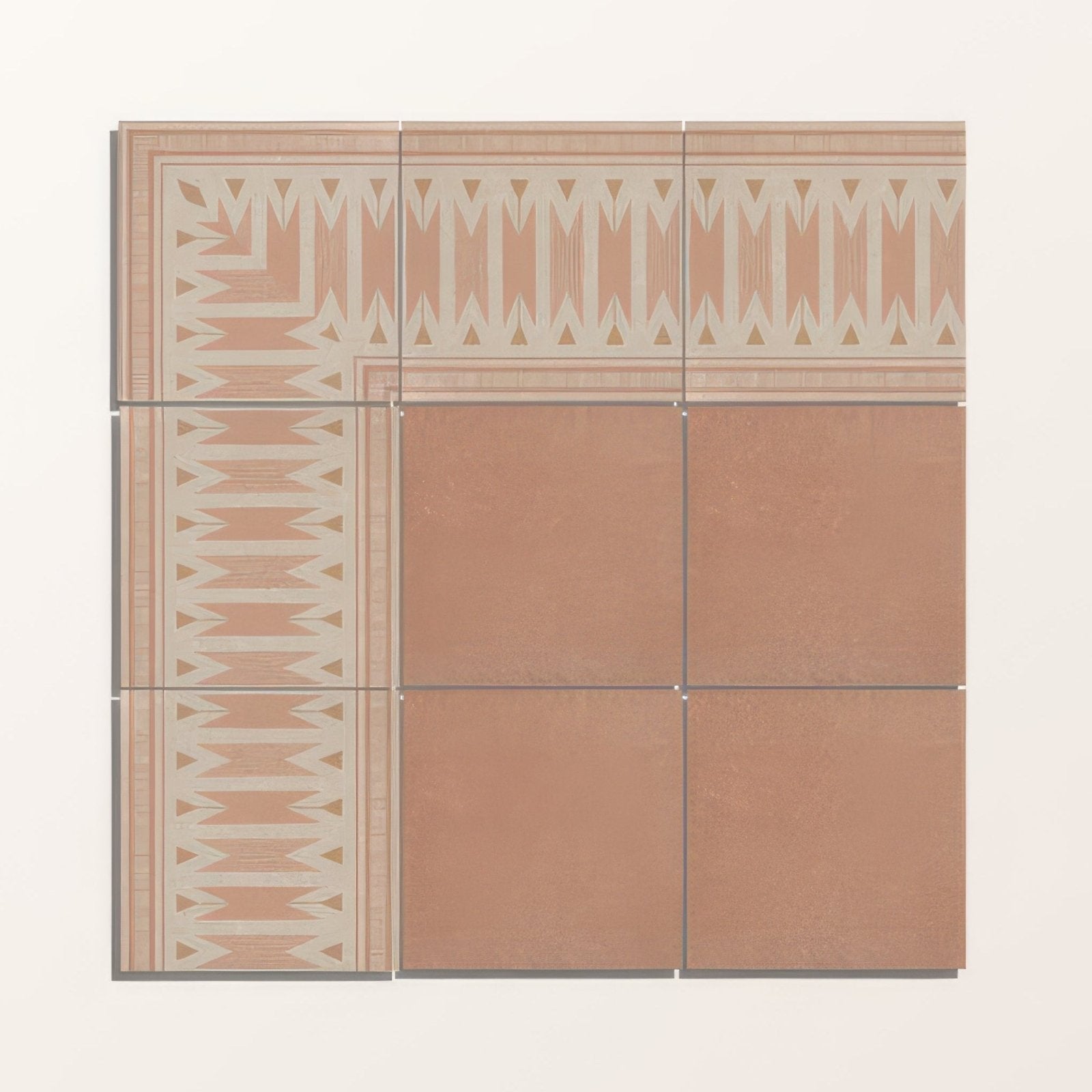 Adventuras terracotta field porcelain ceramic tiles in terracotta and cream geometric pattern arranged in square layout