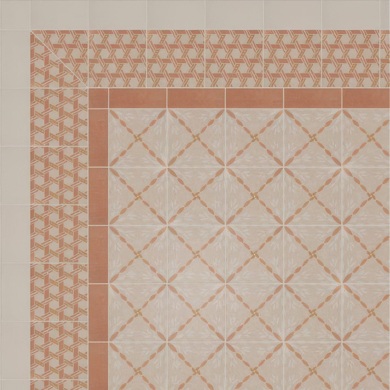 Adventuras terracotta field porcelain ceramic floor tiles with terracotta and cream woven and diamond patterns