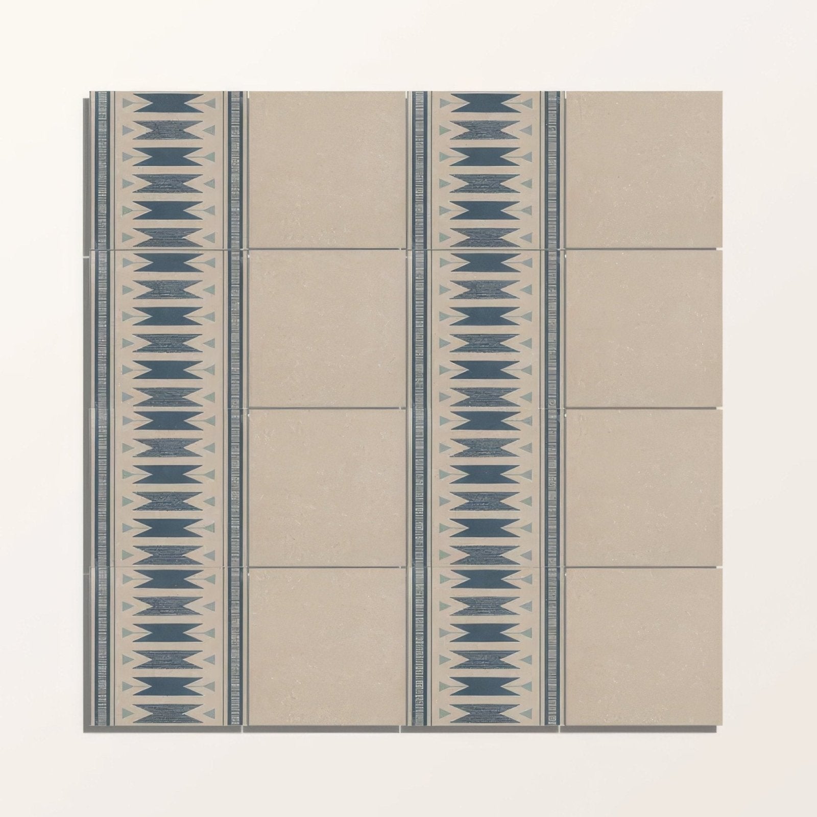 Beige ceramic Adventuras Ziggy Border Blue porcelain tiles with navy blue and gray geometric vertical stripe patterns