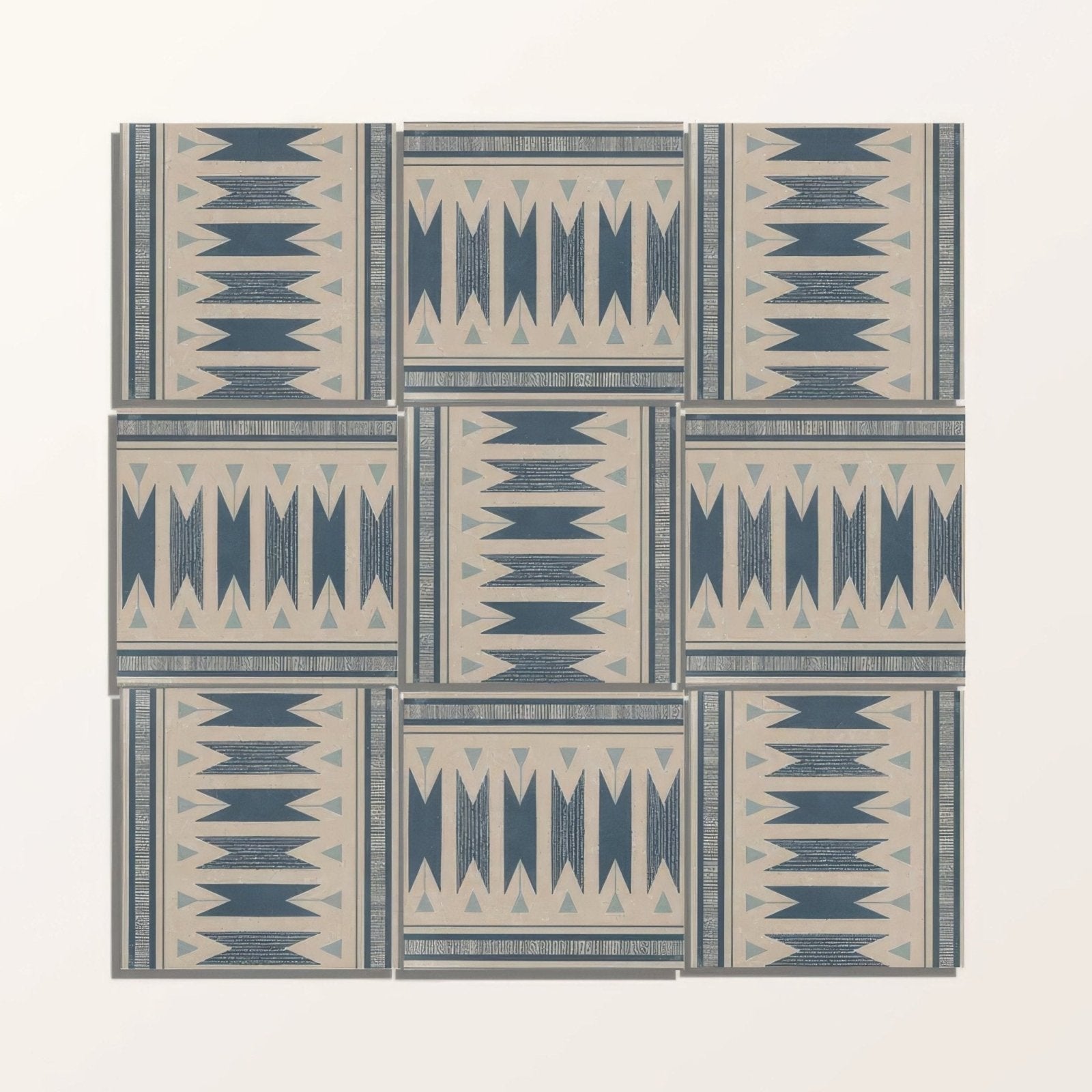 Adventuras ziggy border blue porcelain tile with geometric pattern in muted blue beige and gray tones and textured finish