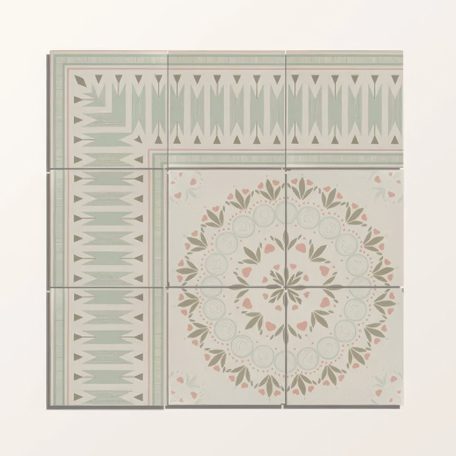 Set of six Adventuras Ziggy Border olive porcelain tiles with muted green and pink floral mandala design on cream background