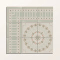 Set of six Adventuras Ziggy Border olive porcelain tiles with muted green and pink floral mandala design on cream background