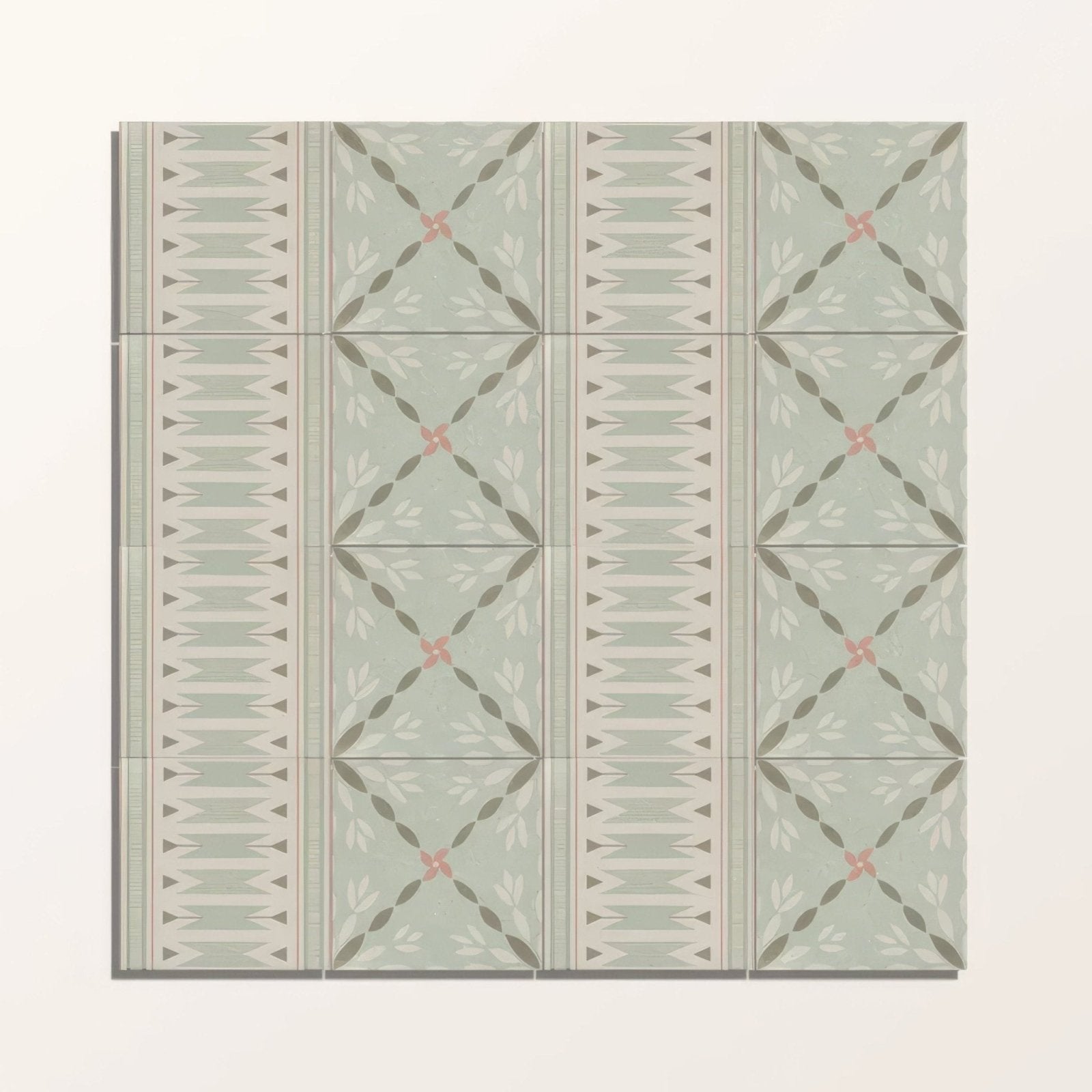 Set of six adventuras ziggy border olive porcelain floor tiles with light green vintage geometric and floral pattern