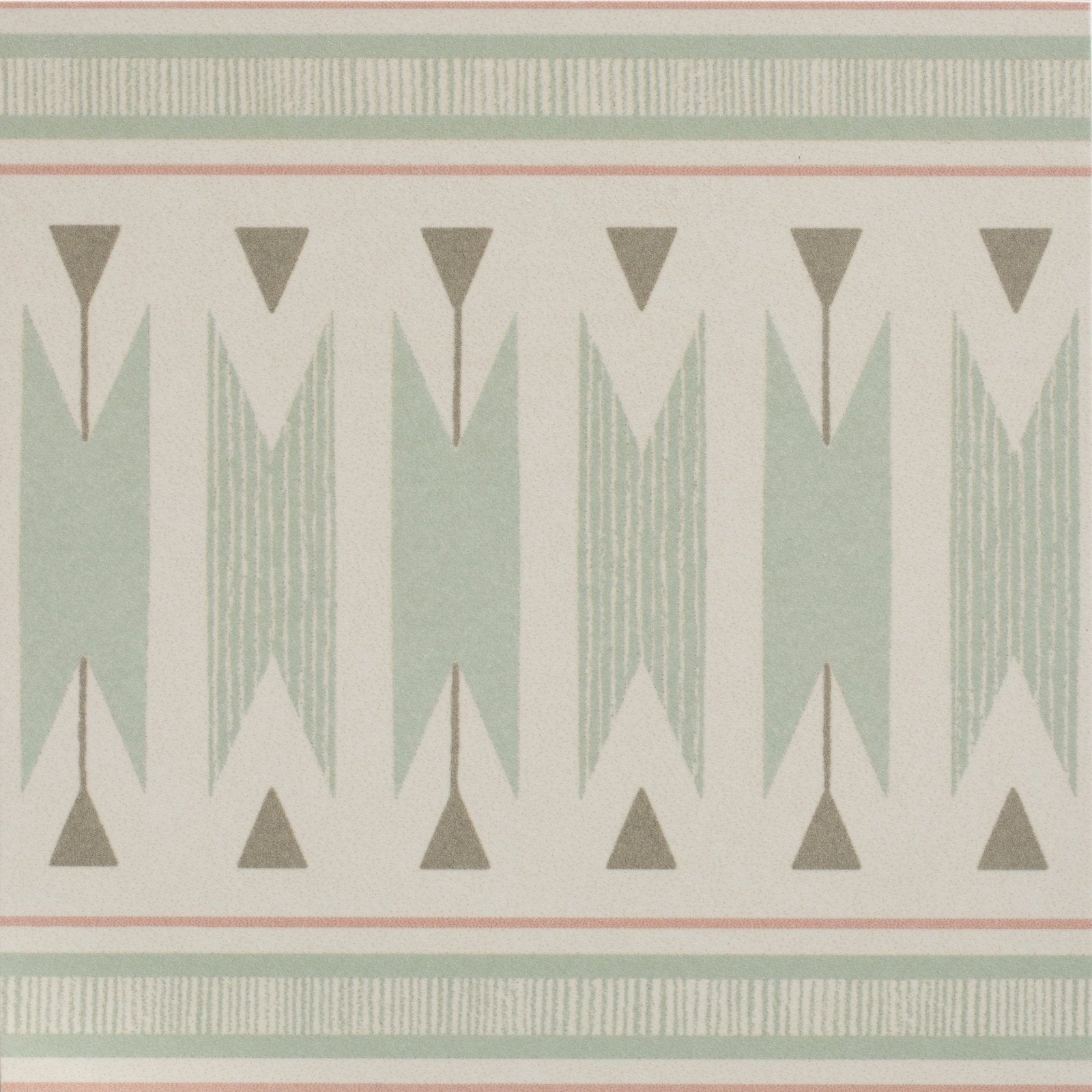 Adventuras Ziggy Border Olive Porcelain geometric wallpaper with muted sage green taupe and cream arrow patterns and striped borders