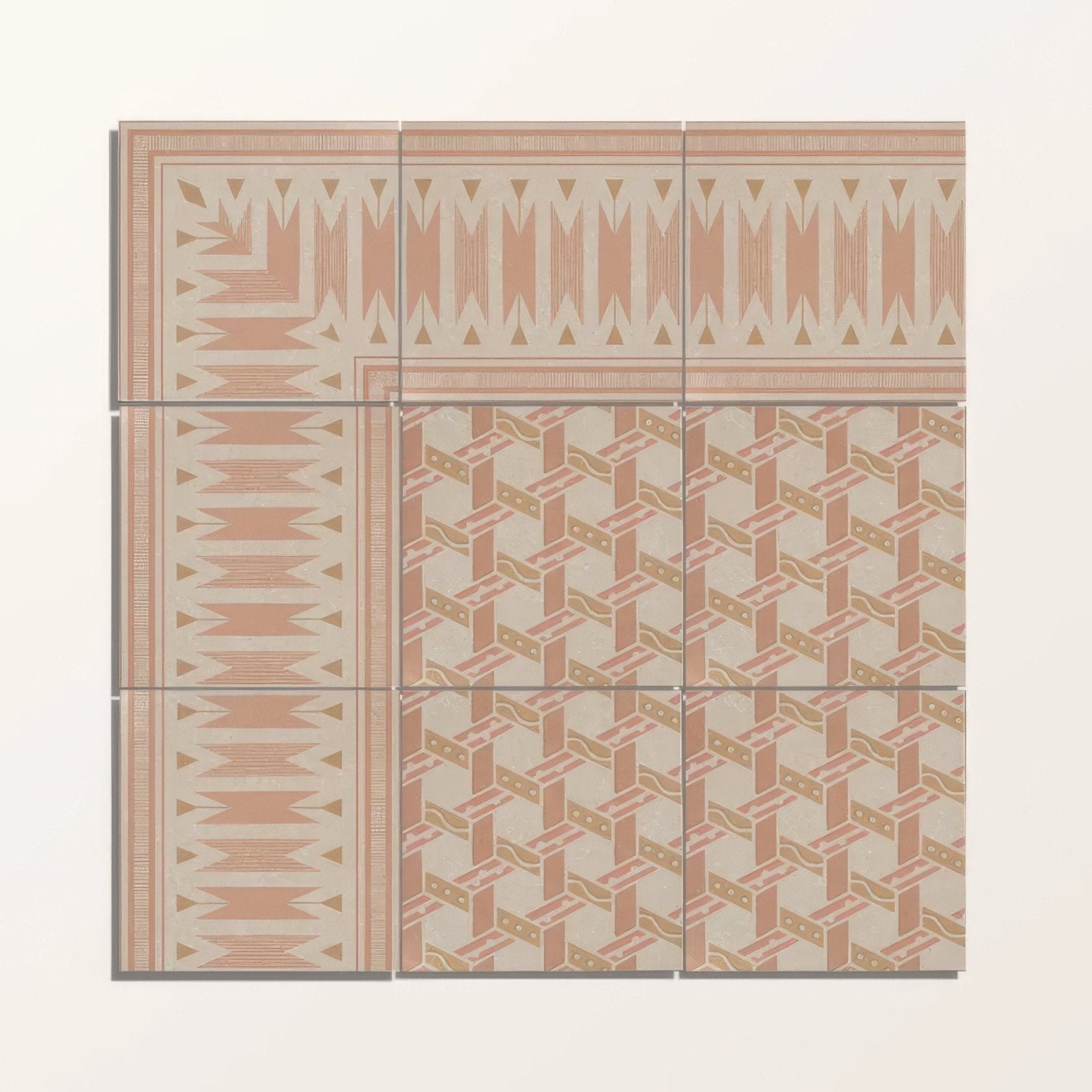 Six square ceramic porcelain tiles in terracotta and beige with geometric patterns and gold accents arranged in a grid