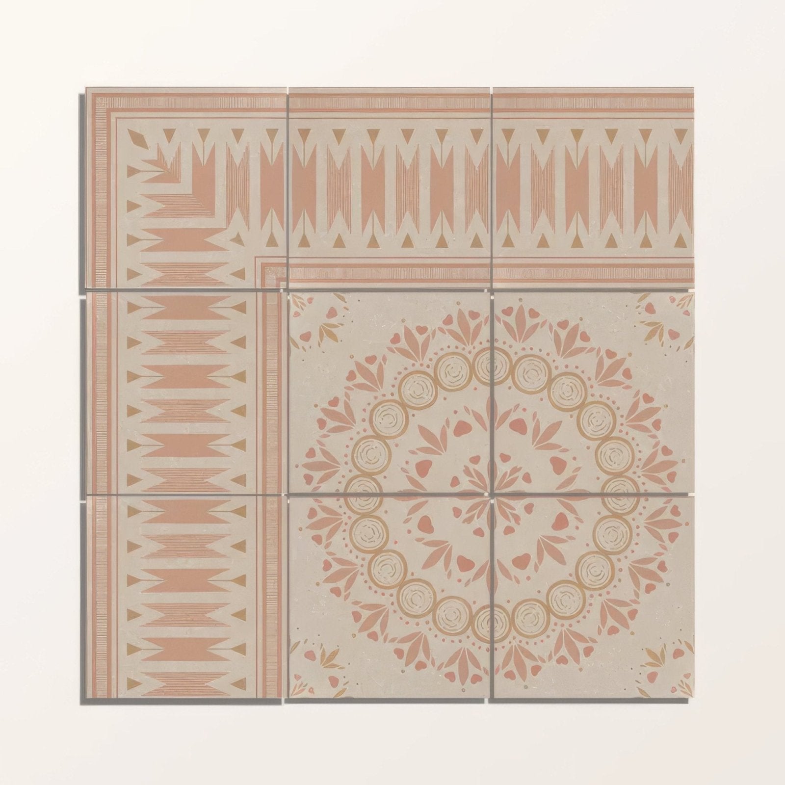 Six-inch square adventuras ziggy border terracotta porcelain tiles with beige base and pink gold geometric floral patterns