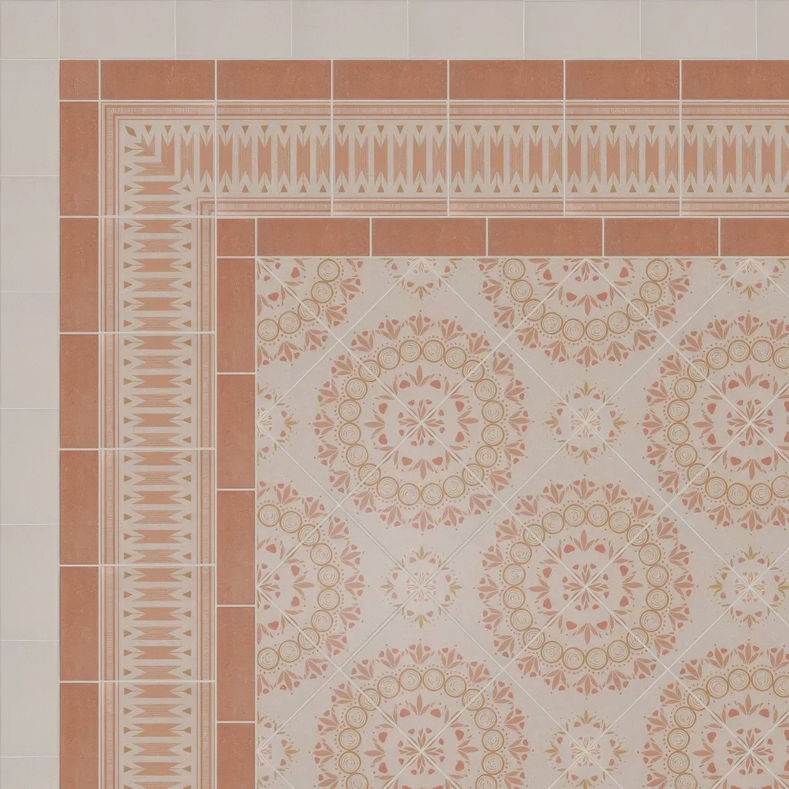Adventuras Ziggy Border terracotta porcelain floor tile with cream patterned ceramic and ornate geometric border design