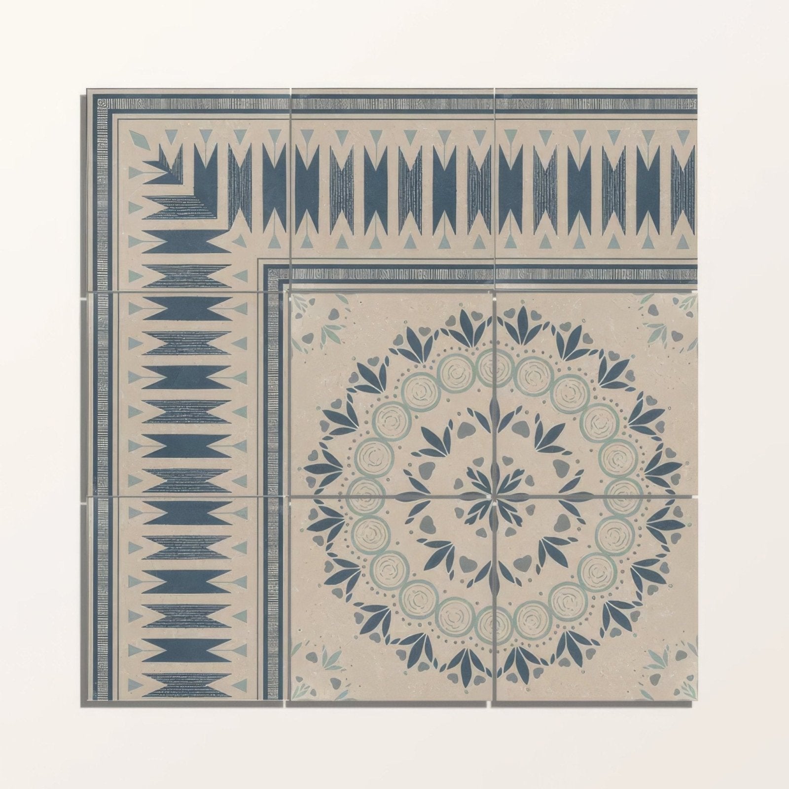 Beige and navy blue patterned ceramic floor tile set with intricate geometric and floral designs in adventuras ziggy corner blue porcelain