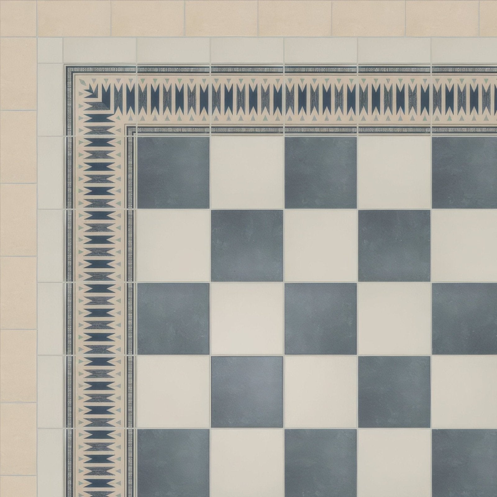 A classic black and white checkered porcelain tile floor with a blue geometric decorative border from adventuras ziggy corner