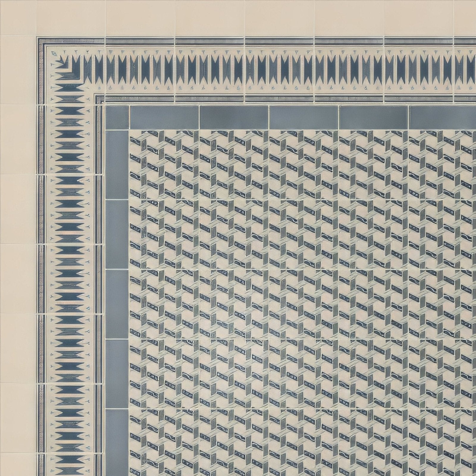 Beige and blue geometric patterned porcelain tile border with repeating diamond design in adventuras ziggy corner blue
