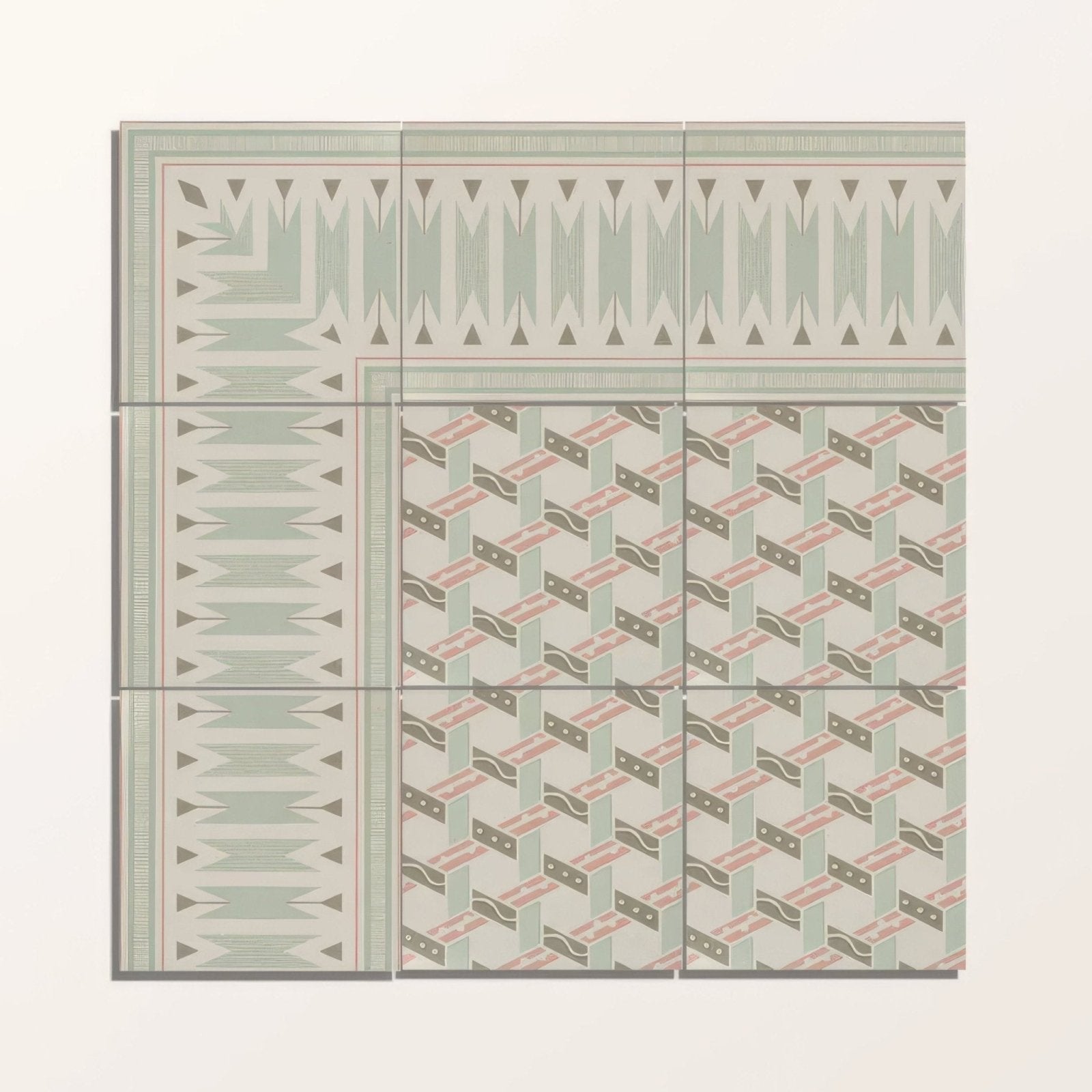 A square mosaic tile panel with geometric triangular and zigzag patterns in sage green pink and gray porcelain