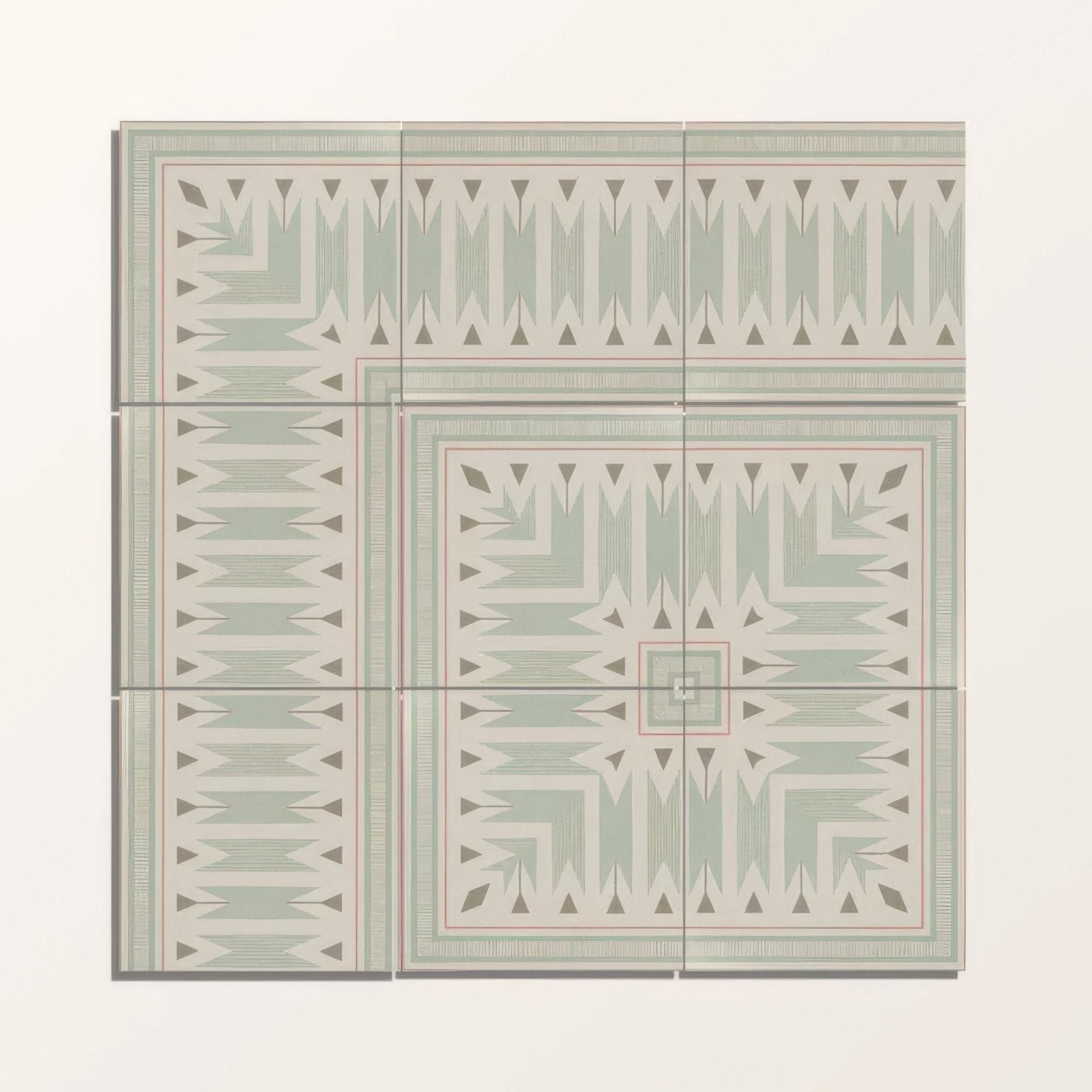 Six-panel mosaic tile set featuring a symmetrical geometric pattern in muted sage green cream and subtle red accents porcelain