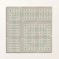 Six-panel mosaic tile set featuring a symmetrical geometric pattern in muted sage green cream and subtle red accents porcelain