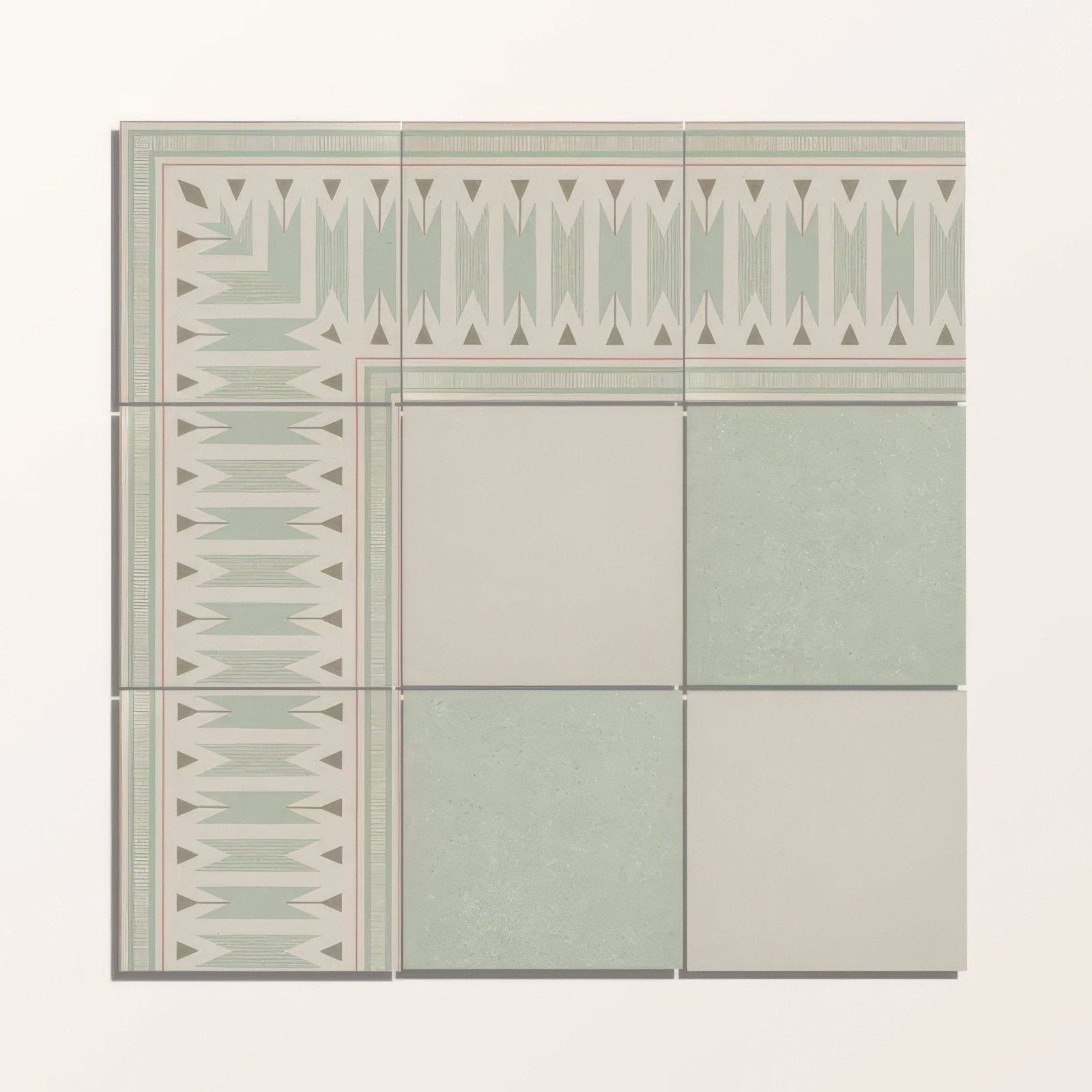 Set of six adventuras ziggy corner olive porcelain tiles in muted sage green and off-white with geometric triangular patterns