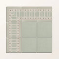 Set of six light sage green porcelain tiles with geometric patterned border in Adventuras Ziggy Corner Olive design