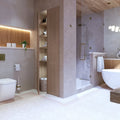 Modern bathroom featuring adventuras ziggy corner terracotta porcelain with beige marble and gold fixtures