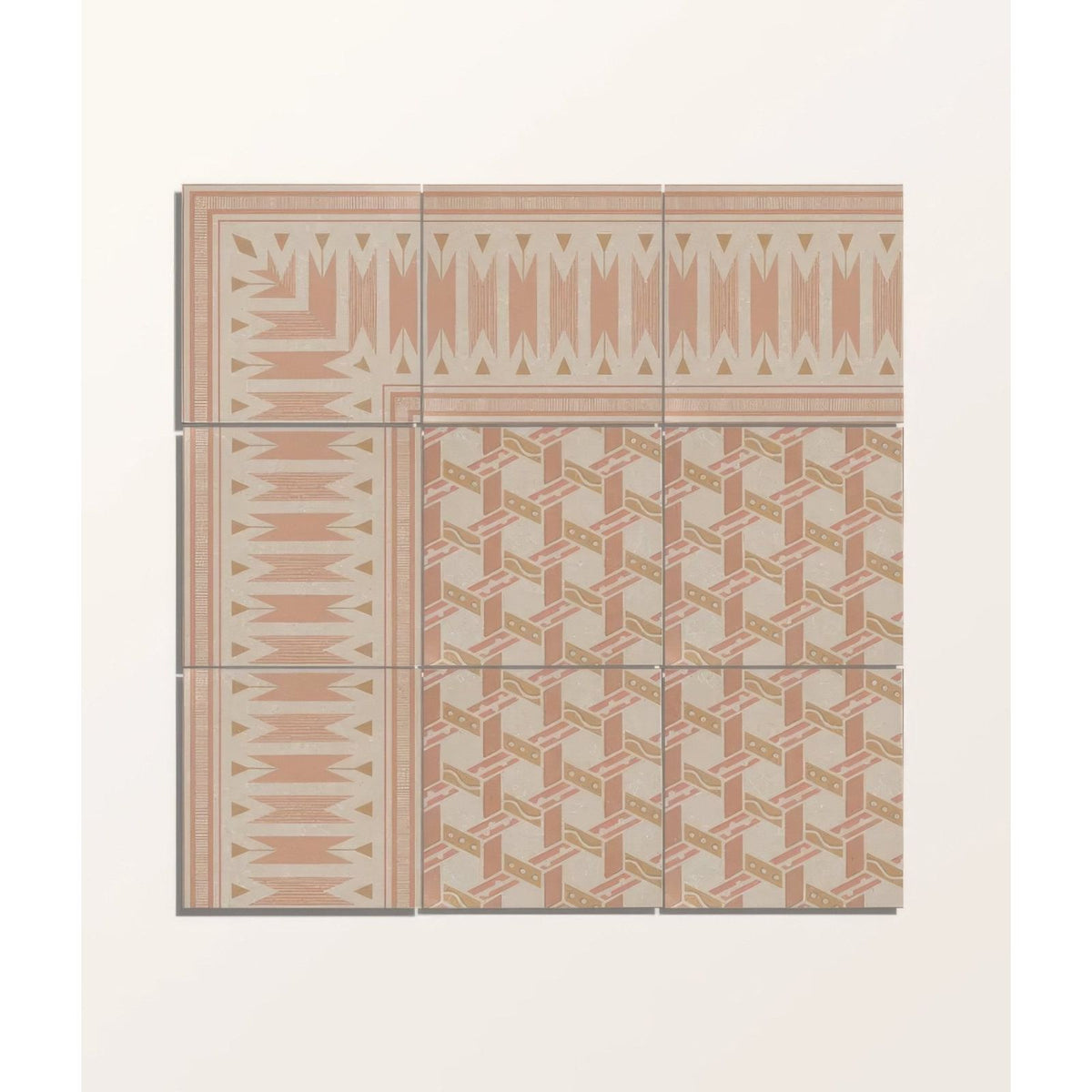 Six square adventuras ziggy corner terracotta porcelain tiles with geometric patterns in muted terracotta beige and gold accents