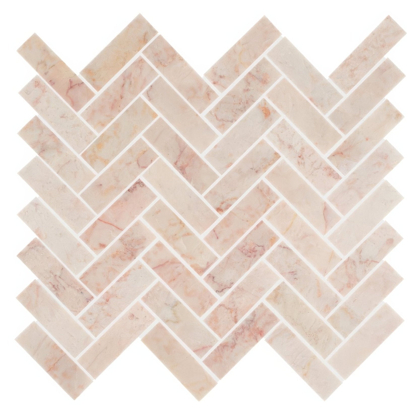 Aegean pink herringbone marble mosaic tile featuring pink marble tiles arranged in a herringbone pattern