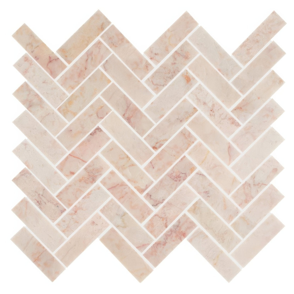 Aegean pink herringbone marble mosaic tile featuring pink marble tiles arranged in a herringbone pattern