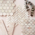 Beige aegean pink herringbone marble mosaic tile with hexagonal scalloped and herringbone patterns
