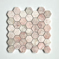 Aegean pink large hexagon marble mosaic tile with soft pink and white colors and natural veining pattern