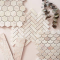 Beige marble mosaic tiles in hexagonal herringbone and fish scale patterns from aegean pink large hexagon collection