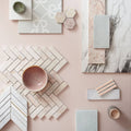Aegean Pink Large Hexagon Marble Mosaic pink marble hexagon mosaic styled with a blush pink ceramic bowl