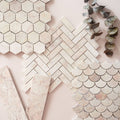 Aegean pink scallop marble mosaic featuring white marble tiles in hexagonal herringbone and fish scale patterns