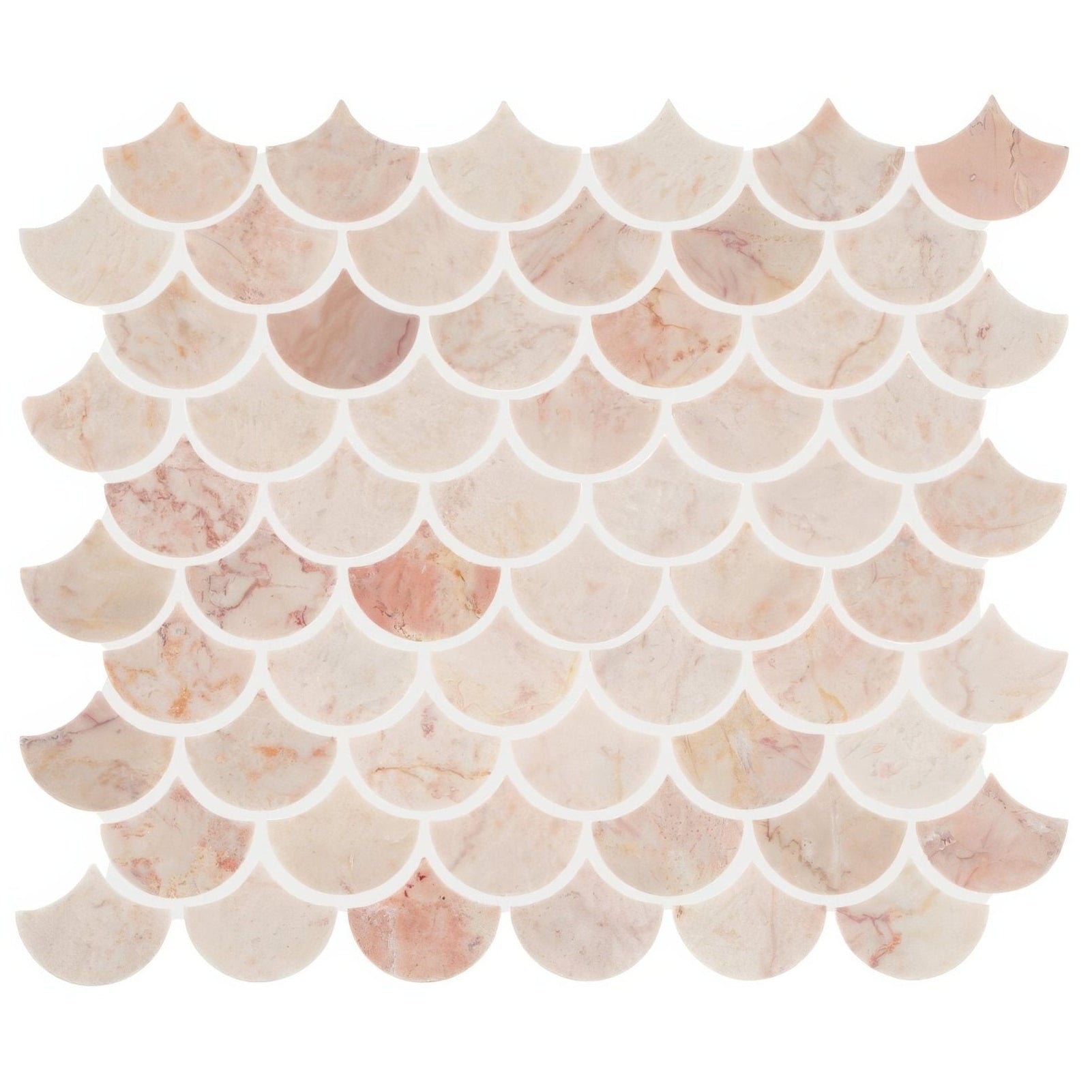 Aegean pink scallop marble mosaic tile featuring pink marble fish-scale pattern for decorative wall use
