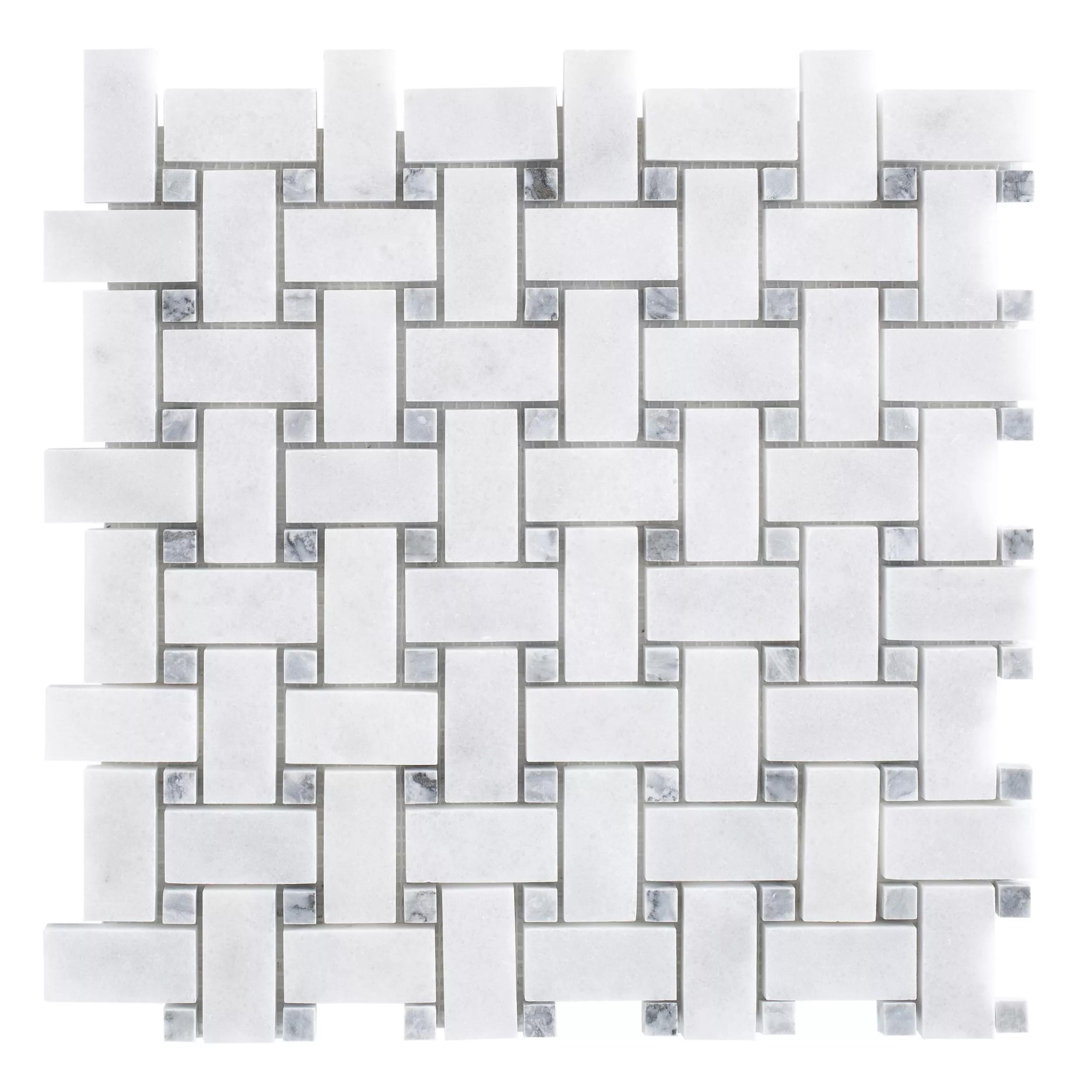 Full mesh-backed sheet of polished Carrara white and platinum grey marble basket weave mosaic