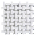 Full mesh-backed sheet of polished Carrara white and platinum grey marble basket weave mosaic