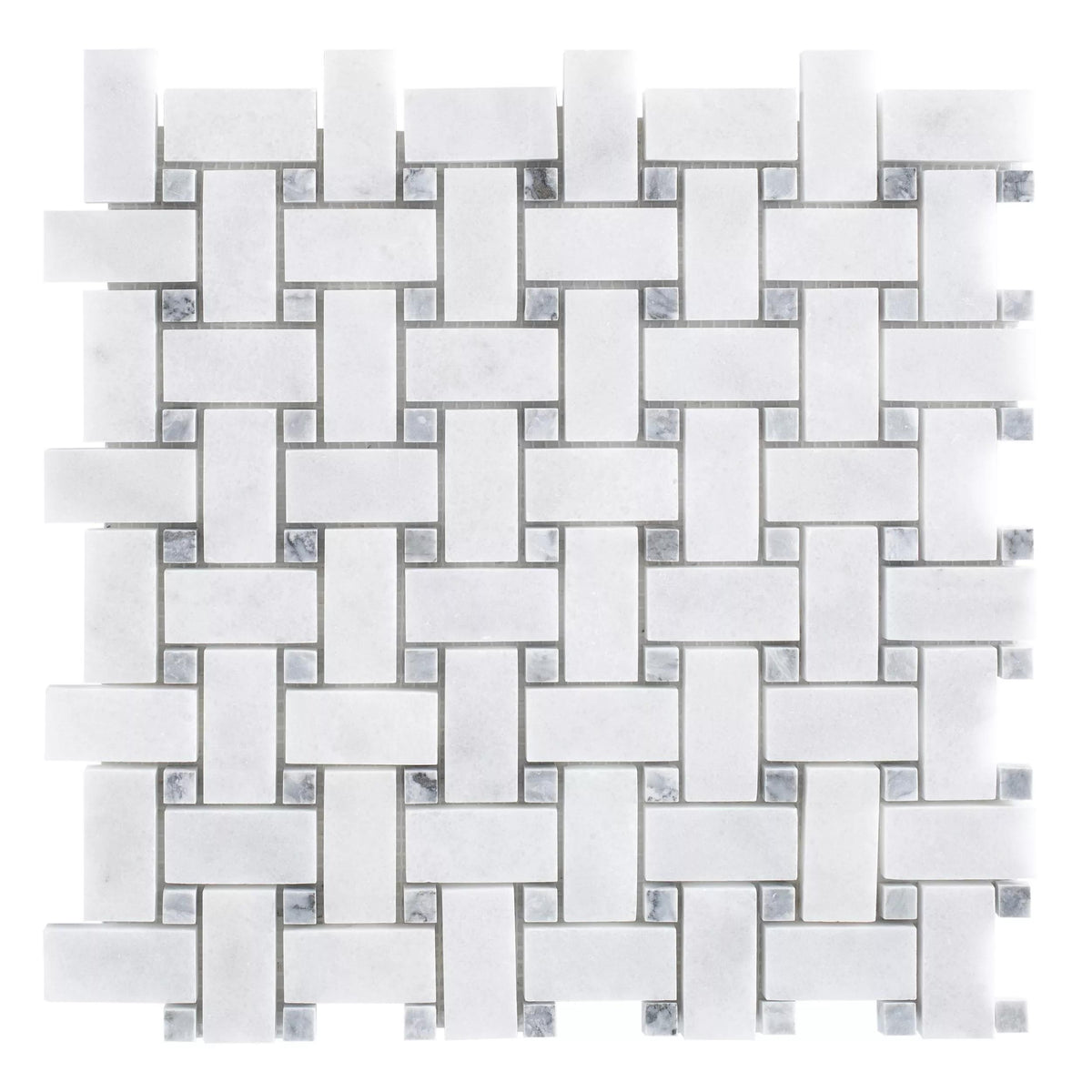Full mesh-backed sheet of polished Carrara white and platinum grey marble basket weave mosaic
