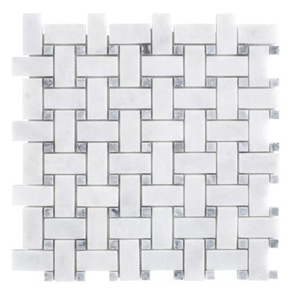 Full mesh-backed sheet of polished Carrara white and platinum grey marble basket weave mosaic