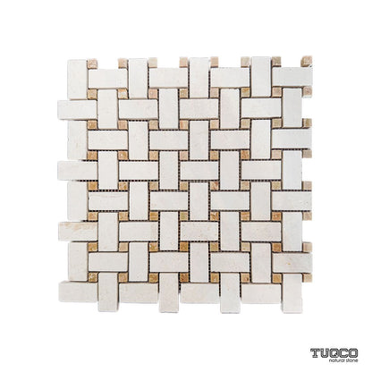 Full mesh-backed sheet of honed Shellstone limestone basket weave mosaic in warm beige