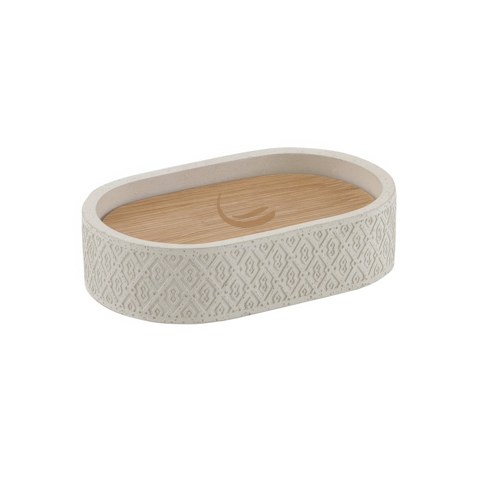 Afrodite soap dish warm grey with oval concrete design, textured diamond pattern, and natural wood crescent moon insert