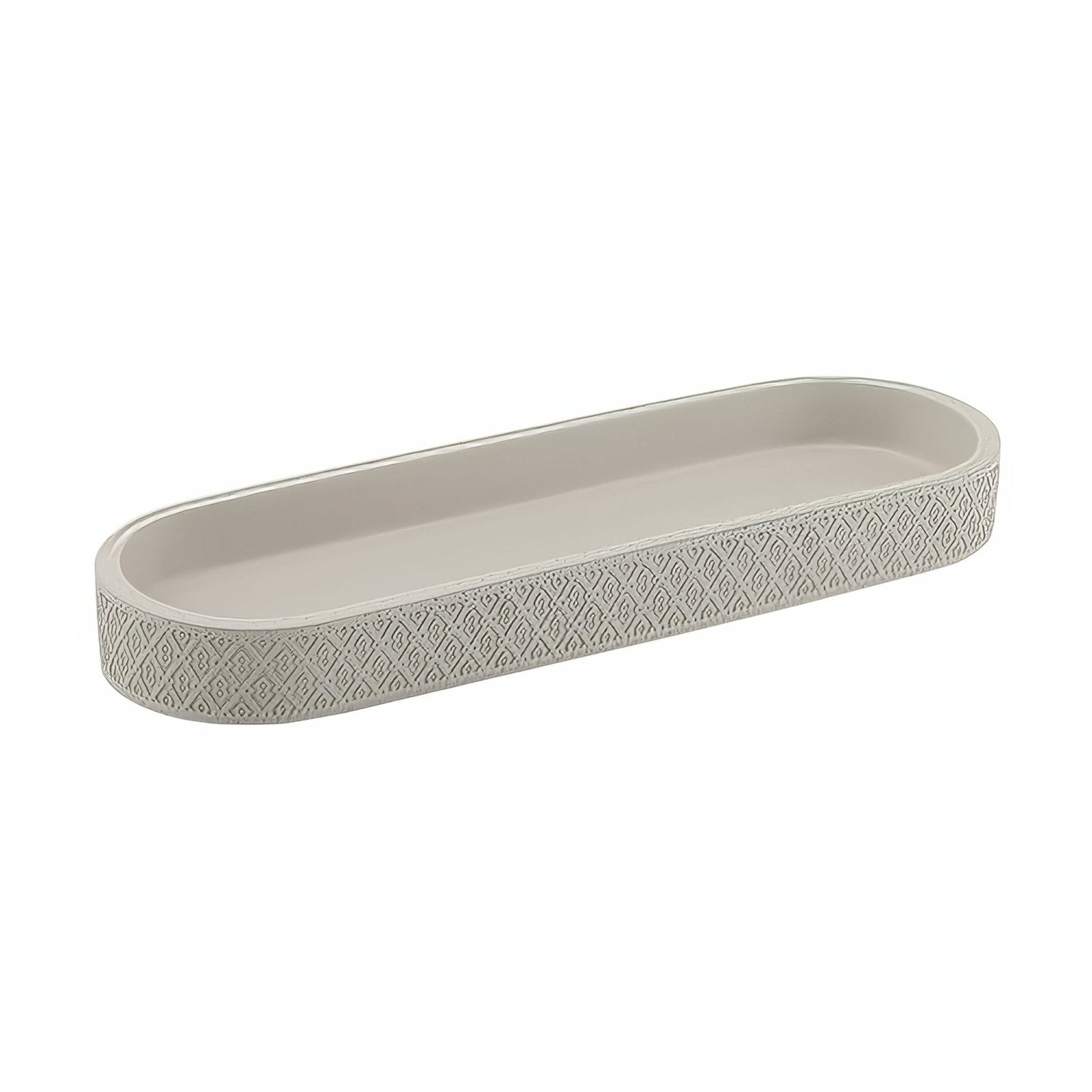 Afrodite tray warm grey sleek elongated beige ceramic tray with subtle diamond patterned border for serving or decor