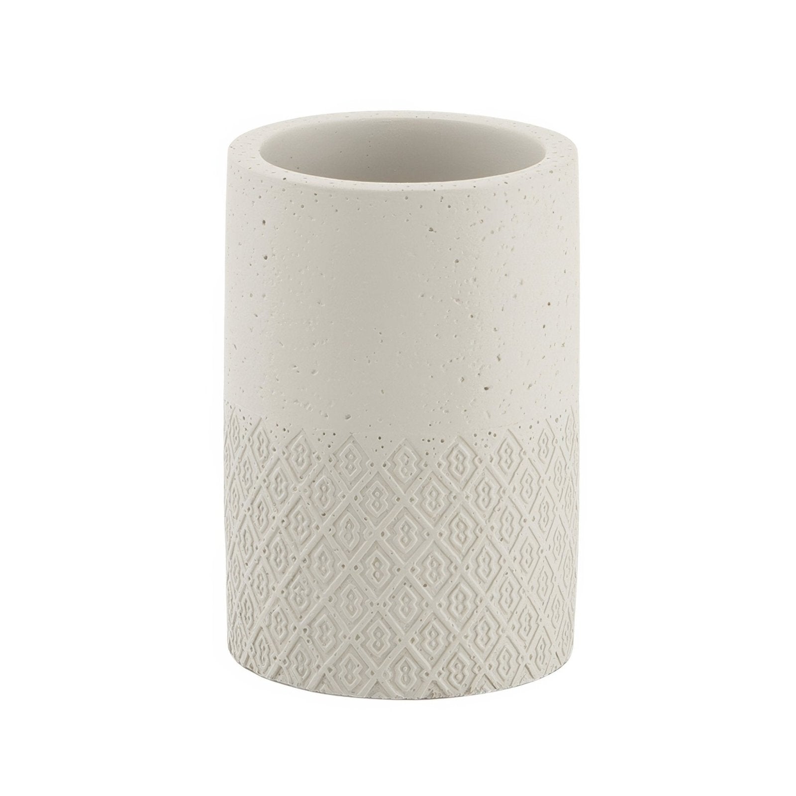 Afrodite tumbler warm grey white ceramic toothbrush holder with speckled texture and embossed diamond pattern